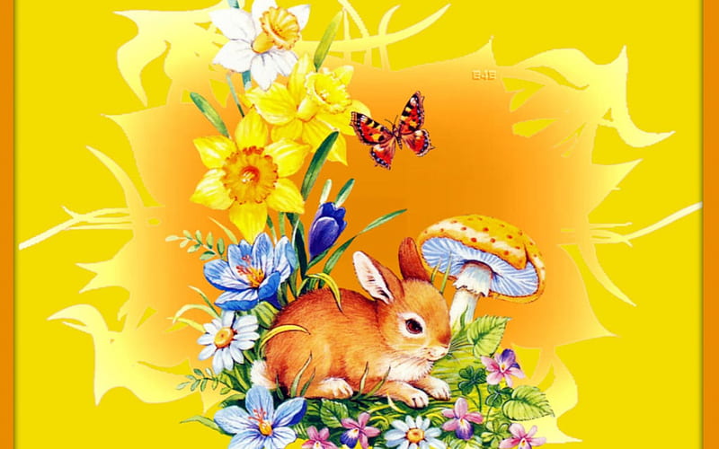 Easter Greetings, butterfly, mushroom, flowers, blossoms, bunny, artwork, HD wallpaper
