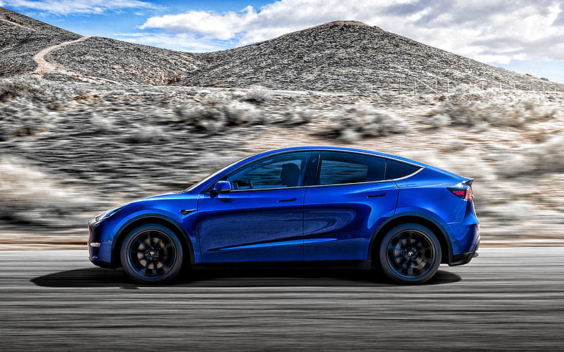 Tesla Model Y, 2020, exterior, side view, electric crossover, new blue Model Y, electric cars, american cars, Tesla, HD wallpaper