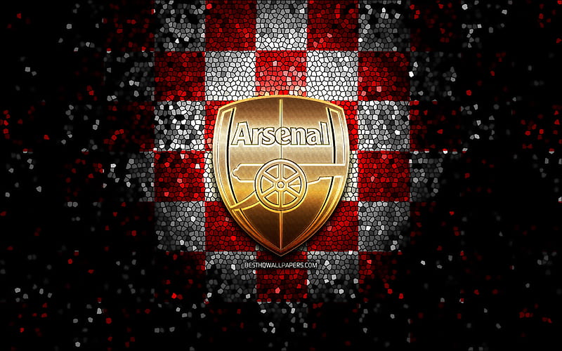 Arsenal FC, glitter logo, Premier League, red checkered background, soccer, FC Arsenal, english football club, Arsenal FC logo, football, The Gunners, England, HD wallpaper