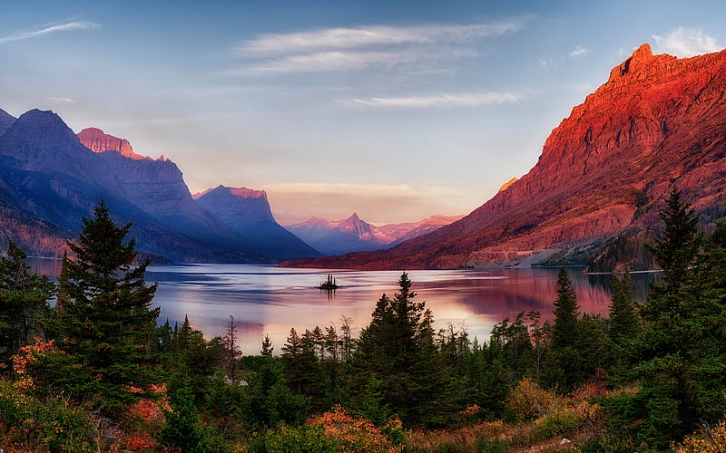 mountain landscape, sunset, mountain lake, golden sunset, forest, Glacier National Park, Montana, USA, HD wallpaper