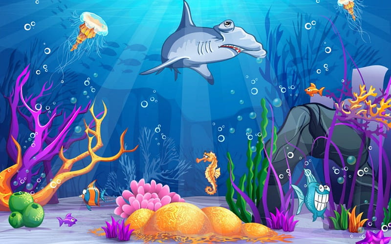 Underwater beauty, underwater, shark, reef, seahorse, fish, coral, HD wallpaper