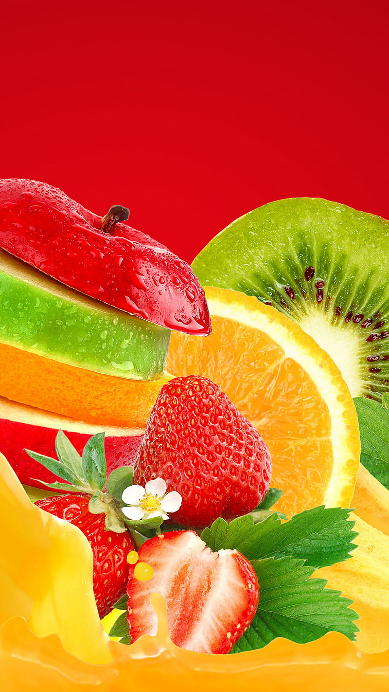 fruites, apple, fruite, kiwi, orange, red, strawberry, HD phone wallpaper