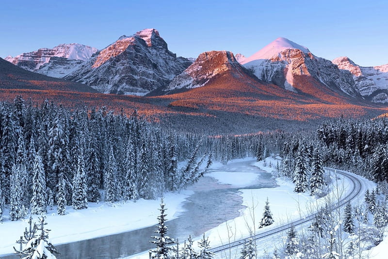 Bow River, Canada, snow, landscape, mountains, firs, HD wallpaper