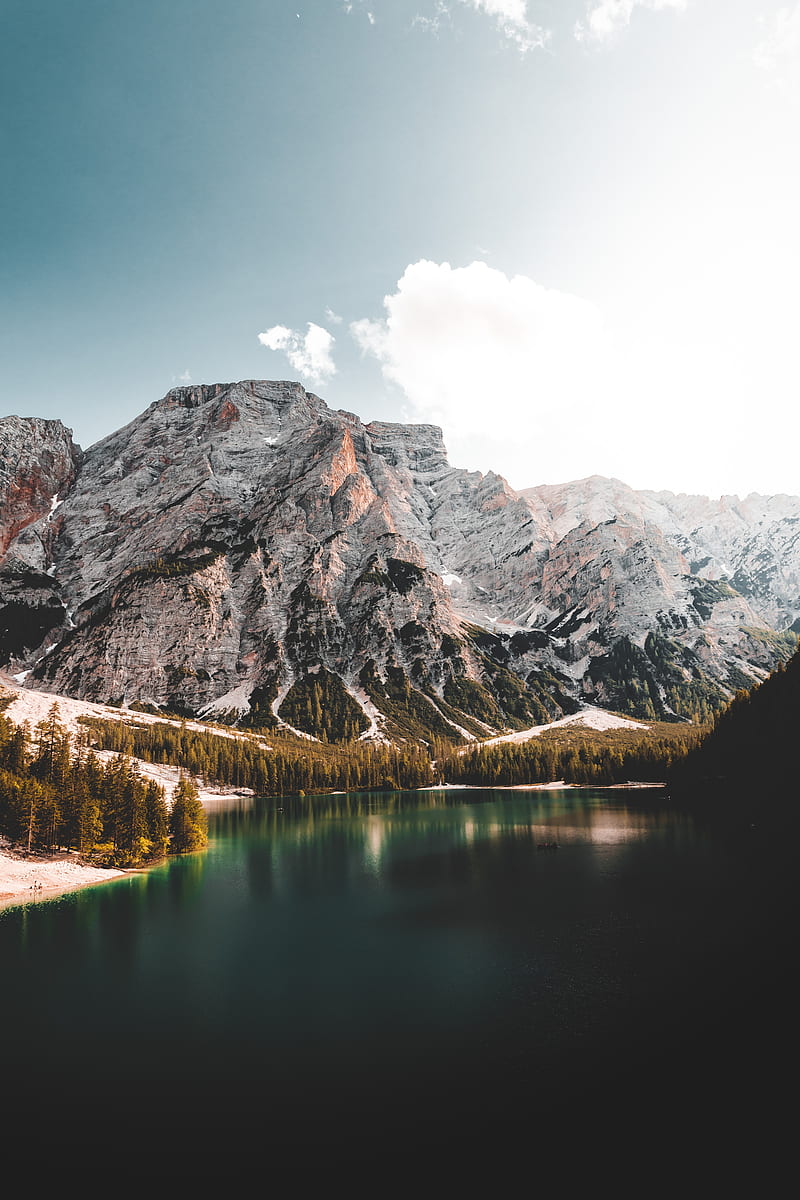 landscape, mountains, lake, peaks, trees, HD phone wallpaper