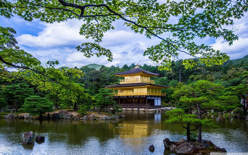 kinkaku ji temple, architecture, temple, trees, lake, HD wallpaper