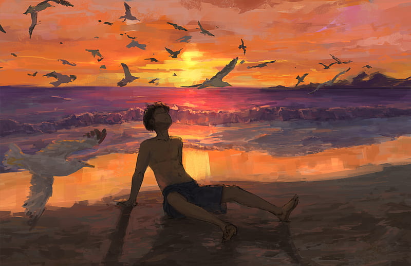 Anime, Boy, beach, Bird, Landscape, Sea, Sunset, HD wallpaper | Peakpx
