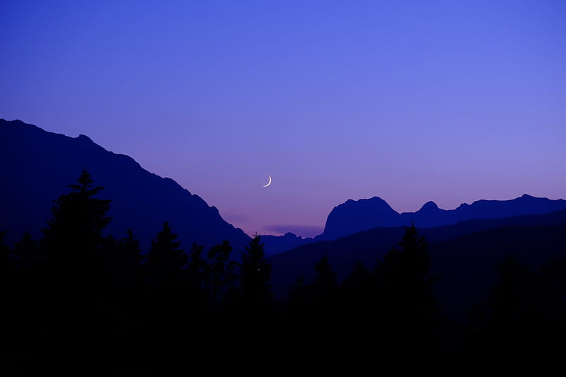 night, moon, mountains, silhouette, sky, HD wallpaper