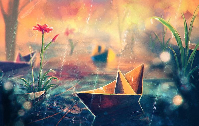 Anime, Original, Flower, Paper Boat, rain, Water, HD wallpaper