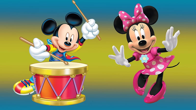 Mickey and Minnie Mouse, drummer, bow, mickey mouse, dancer, cute, boy, minnie, pink, couple, disney, HD wallpaper