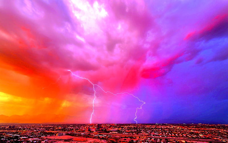 Stormy Night Lightning, sky, clouds, forces of nature, stormy, city, splendor, bright, colorful sky, nature, night, HD wallpaper