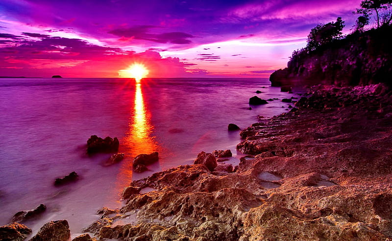 Purple sunset, rocks, glow, shore, sun, dusk, bonito, sunset, clouds, mirrored, sea, cpast, sundown, nice, stones, reflection, amazing, lovely, ocean, purple, summer, dazszling, island, nature, HD wallpaper
