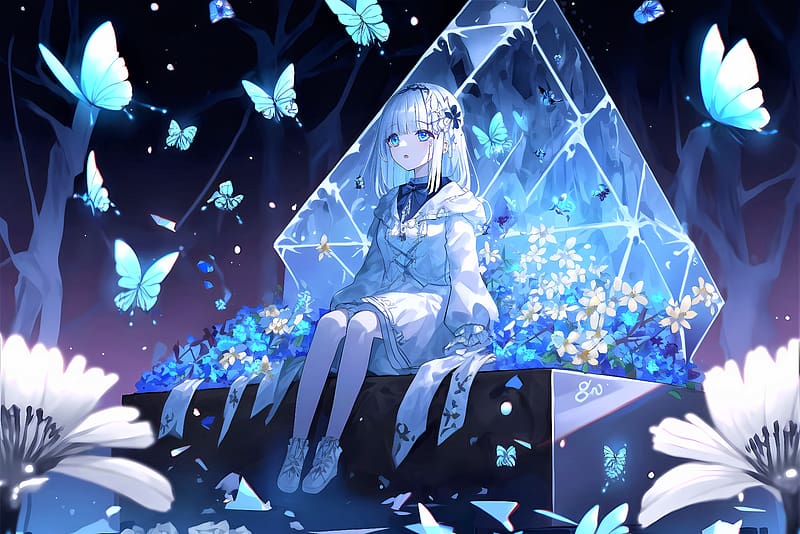 Anime girl Wallpaper 4K, Dream, Lonely, Butterflies