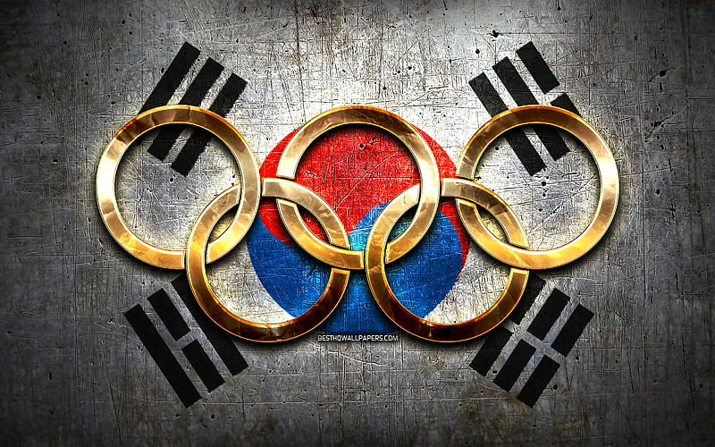 South Korean olympic team, golden olympic rings, South Korea at the Olympics, creative, South Korean flag, metal background, South Korea Olympic Team, flag of South Korea, HD wallpaper