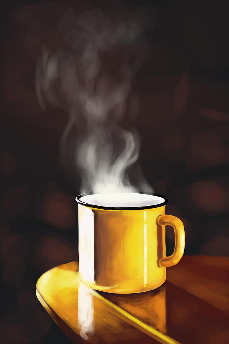 cup, steam, drink, yellow, smoke, art, HD phone wallpaper