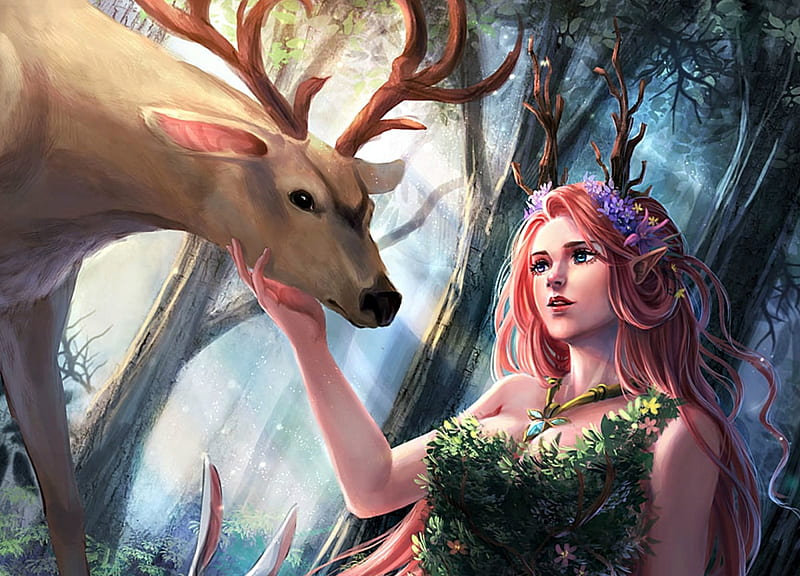 Goddess of Earth, art, luminos, legend of the cryptids, game, woman, deer, horns, sia, fantasy, girl, green, redpear, HD wallpaper