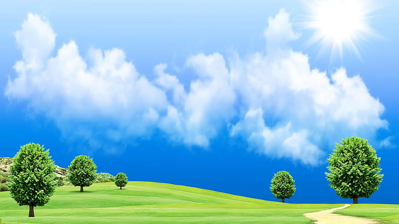 Have a nice day, Trees, Sky, Clouds, Sun, Grass, Field, Road, HD wallpaper