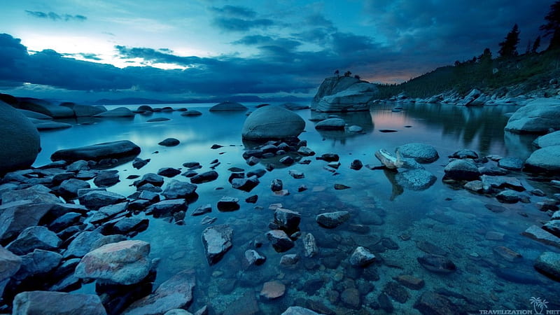 Dark blue river, Rocks, River, Sunset, Nature, Evening, HD wallpaper