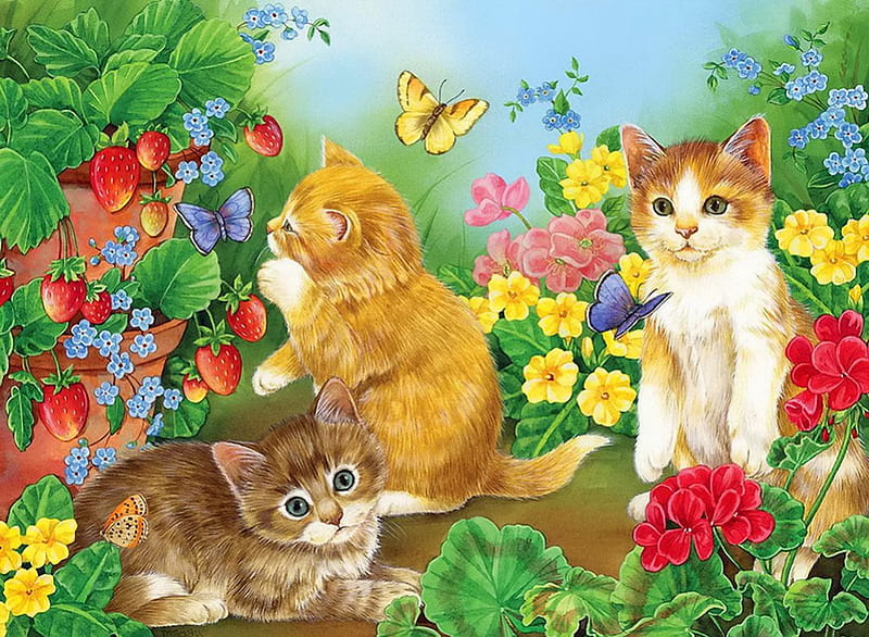 Spring joy, colorful, leaves, painting, flowers, strawberries, kitties, friends, playing, art, kittens, fun, butterflies, spring, joy, berries, garden, nature, cats, HD wallpaper