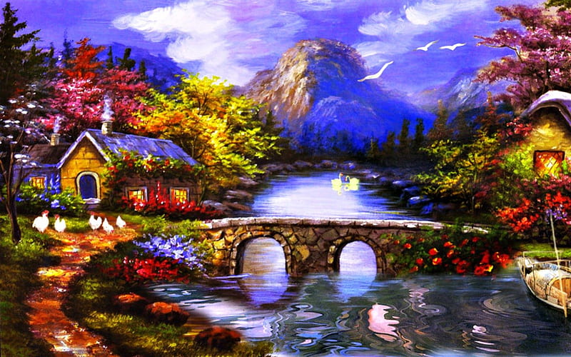 Beautiful painting, art, bridge, cottage, painting, lake, HD wallpaper ...