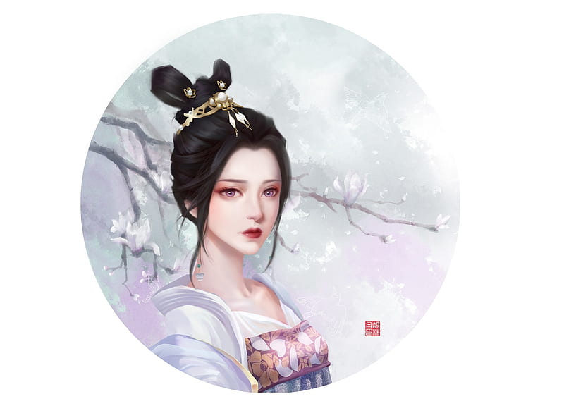 Magnolia princess, girl, asian, face, linda hu, princess, magnolia, frumusete, luminos, fantasy, white, HD wallpaper