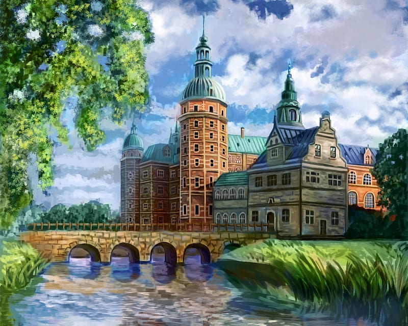 Scenery, stream, pretty, house, scenic, grass, home, country side, bonito, sweet, countryside, nice, fantasy, bridge, painting, beauty, river, realistic, art, cloud, lovely, palace, sky, building, water, castle, scene, field, landscape, HD wallpaper