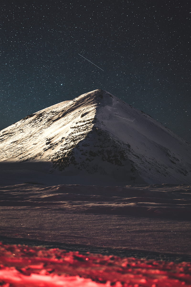 graphy, Iceland, shooting stars, stars, mountains, night, snow, HD phone wallpaper