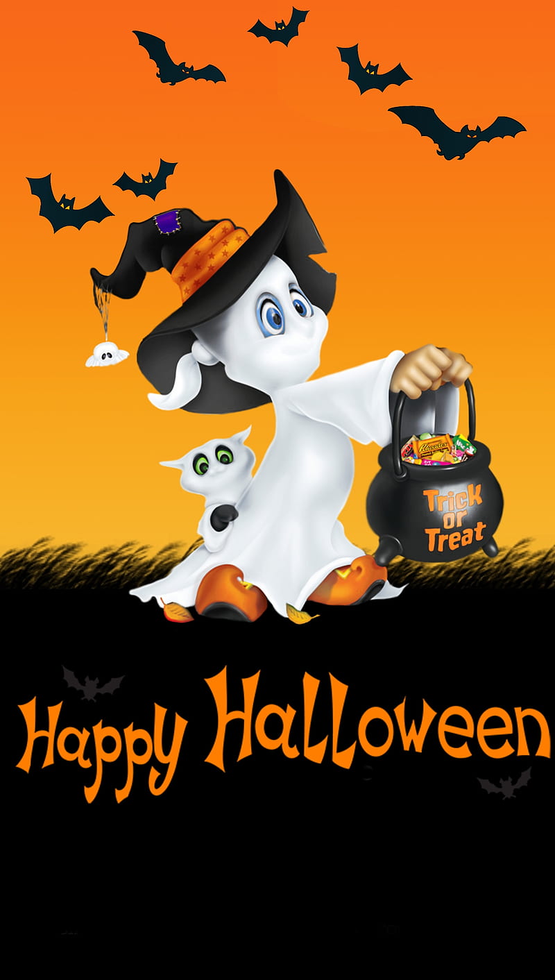 Halloween, bat, ghost, orange, pumkin, treat, trick, HD phone wallpaper