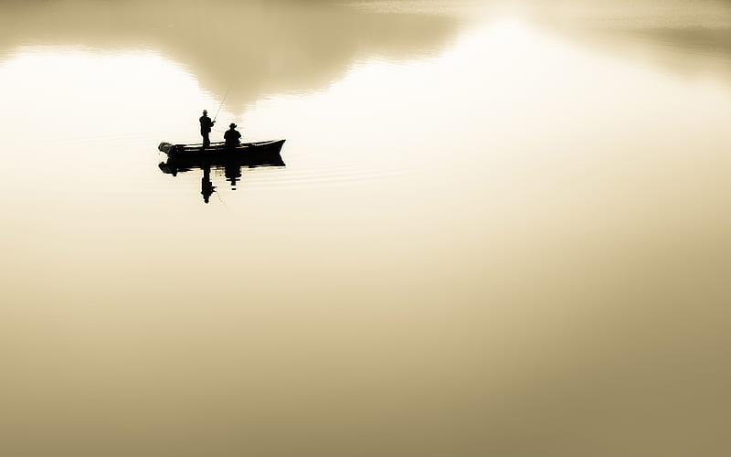 boat, fishing, people, silhouette, reflection, Nature, HD wallpaper