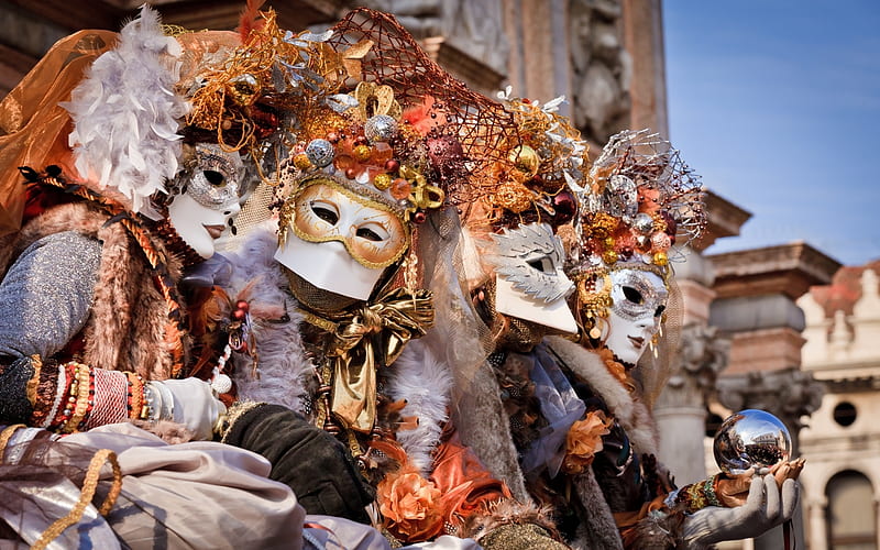 Carnival of Venice participants, Venice, Masks, Headdresses, Italy, Costumes, HD wallpaper