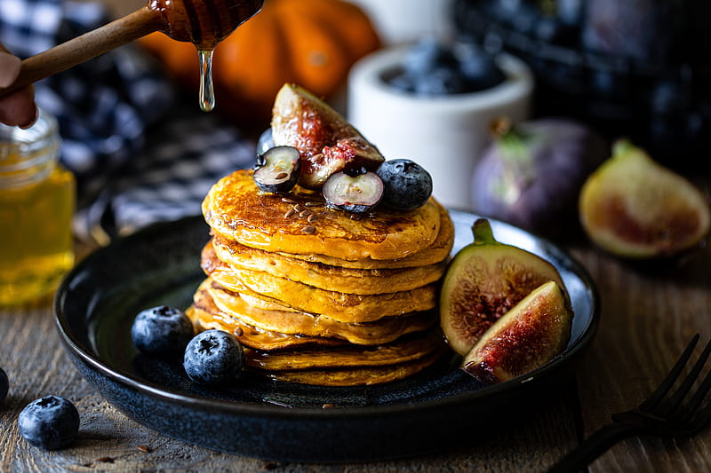 Food, Pancake, Berry, Blueberry, Breakfast, Fig, Honey, HD wallpaper
