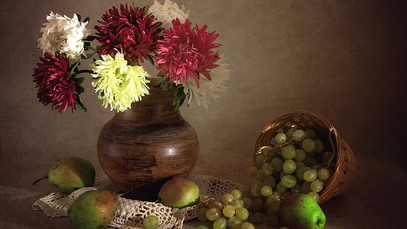 Still Life, grapes, pitcher, pear, bouquet, HD wallpaper Still Life, grapes, pitcher, pear, bouquet, HD wallpaper