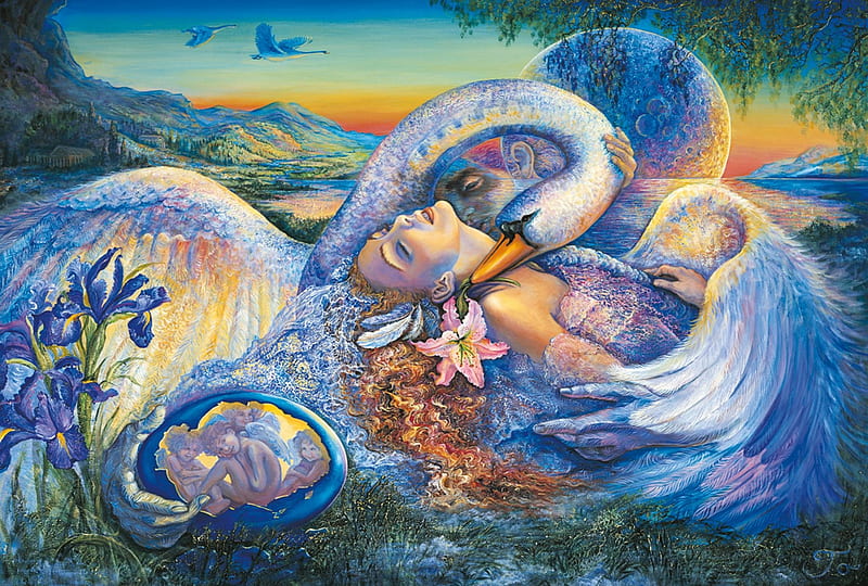 Leda and the swan, pasari, swan, white, blue, art, luminos, orange, josephine wall, fantasy, bird, leda, HD wallpaper