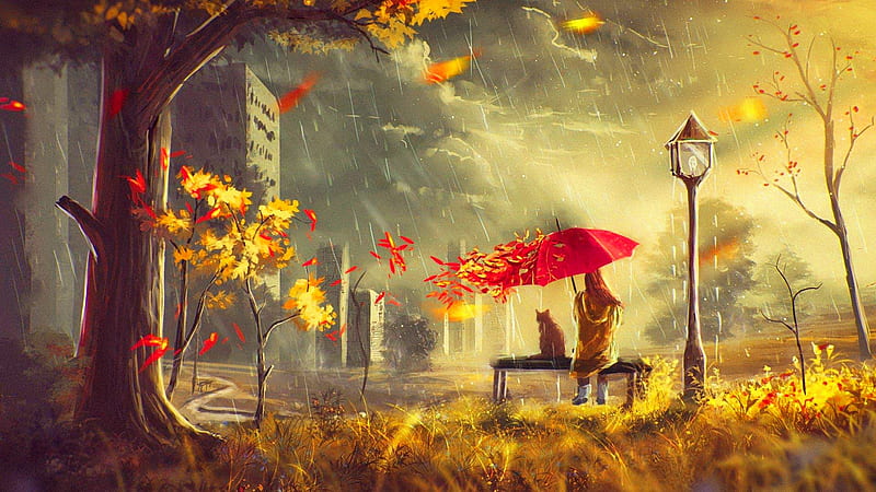 November rain, fall, art, autumn, lantern, romantic, wind, november ...