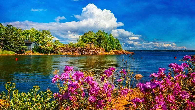 Islands of Light near Helsinki, Finland, trees, sea, sky, blossoms, clouds, HD wallpaper