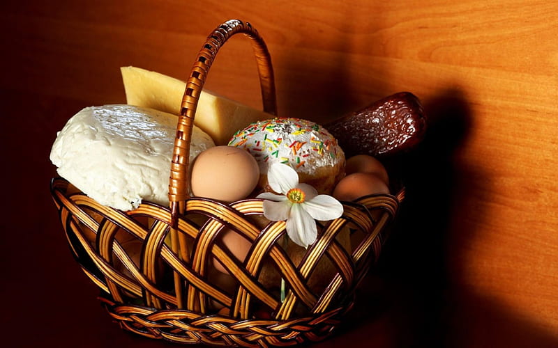 Food Basket, egg, food, basket, cheese, bread, flower, gaphy, HD wallpaper