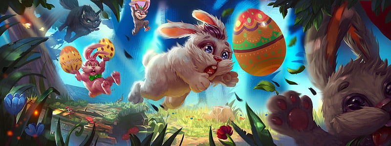 Easter rabbits, egg, fantasy, baya ochkaeva, rabbit, hunt, funny, bunny, easter, HD wallpaper