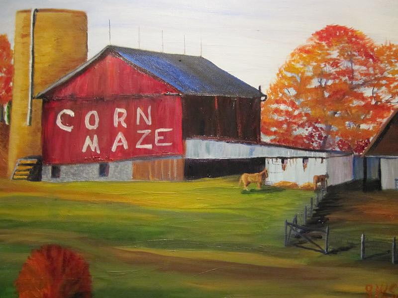 Home On The Farm, farm, fall, art, cosy, painting, trees, red barn, HD wallpaper