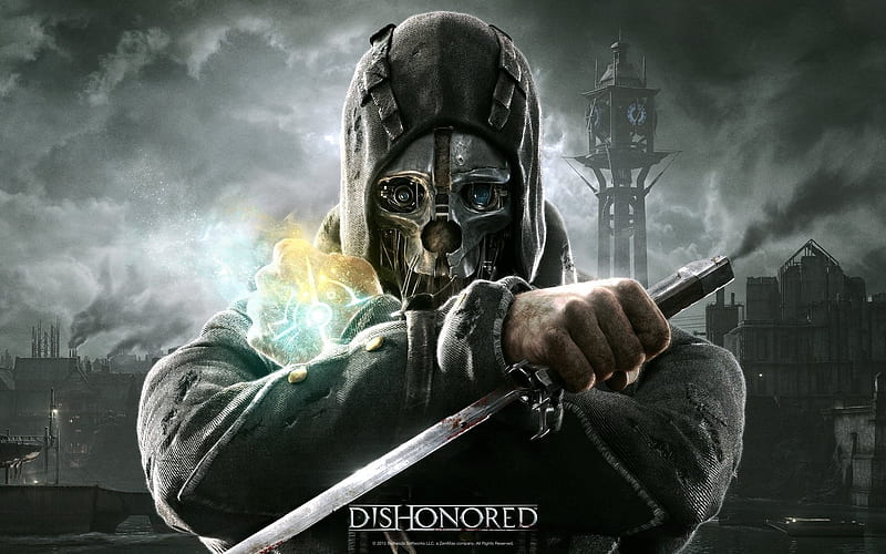 dishonored, dual wielding, hoodie, mask, tower, rpg games, Games, HD wallpaper