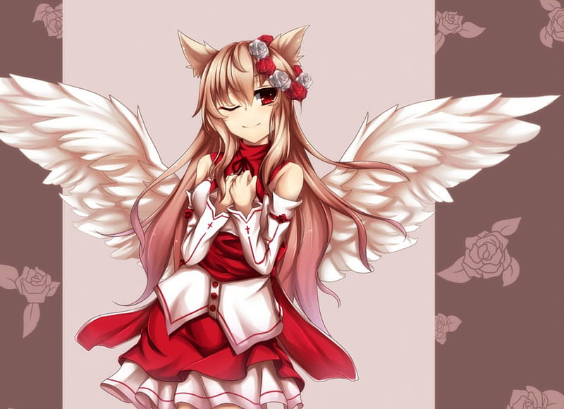 ~Forbidden Immortality~, wings, dress, girl, animal ears, anime, angel, flowers, red eyes, HD wallpaper