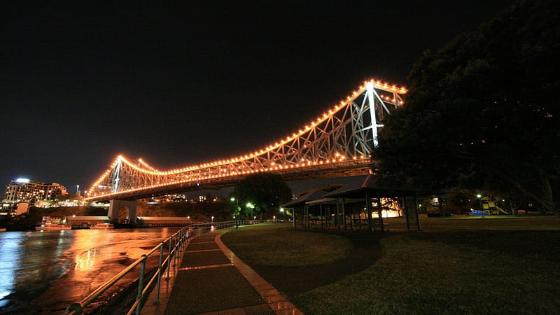 lit up bridge at night, city, bridge, river, park, lights, night, HD wallpaper