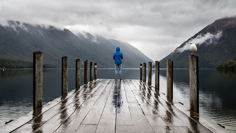 Man Is Standing Alone On Wood Dock Near River Alone, HD wallpaper