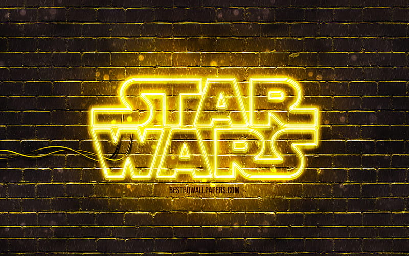 Star Wars yellow logo yellow brickwall, Star Wars logo, creative, Star Wars neon logo, Star Wars, HD wallpaper