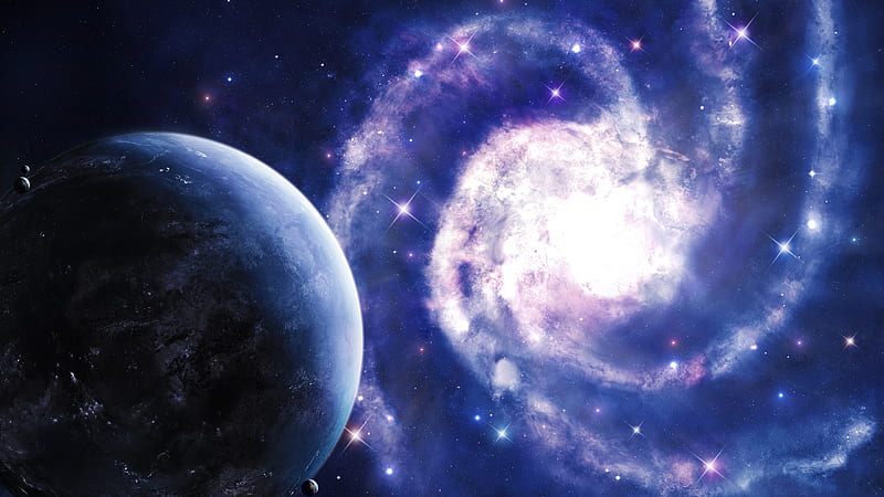 Glistening Galaxy And Planet With Blue And Black Sky Background Galaxy, HD wallpaper