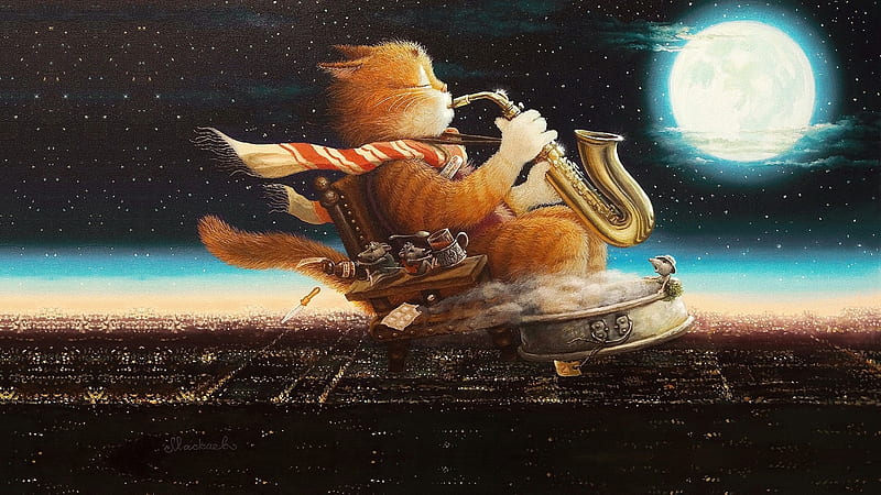 Tales of the cat Kuzma, moon, instrument, fantasy, cat, pisici, illustration, kuzma, art, aleksandr maskaev, saxophone, HD wallpaper