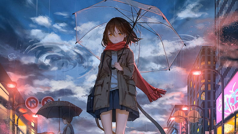 Anime Girl With Red Scarf Under Umbrella Anime Girl, HD wallpaper
