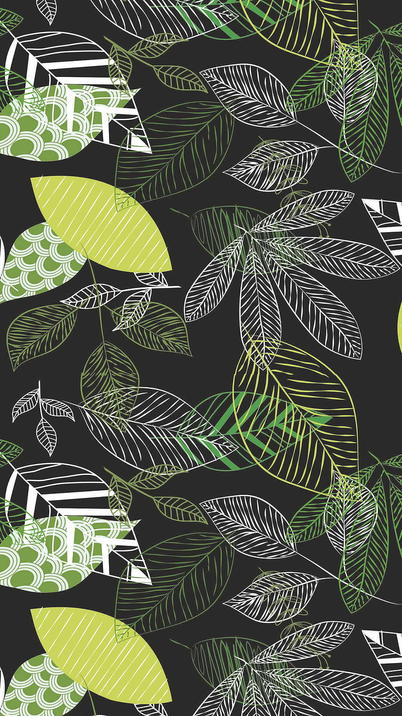 Black leaves , decoration, desenho, floral, green, home, pattern, patterns, white, HD phone wallpaper