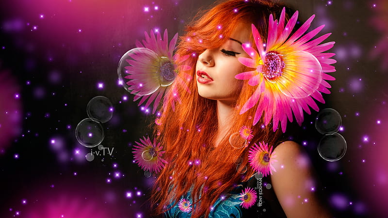 Redhead, model, orange, yellow, womna, tony kokhan, fantasy, girl, bubbles, flower, pink, HD wallpaper