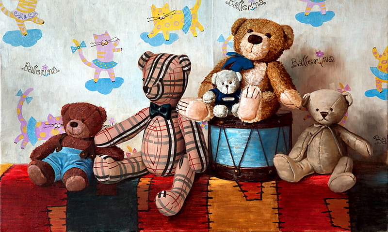 Drum and Teddy Bears , art, drum, bonito, illustration, artwork, teddy bears, still life, stuffed animals, painting, wide screen, toys, HD wallpaper