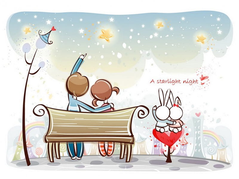 A Starlight Night, lovers, stars, bench, 2 rabbits hugging, lamp post, sky, couple, night, HD wallpaper