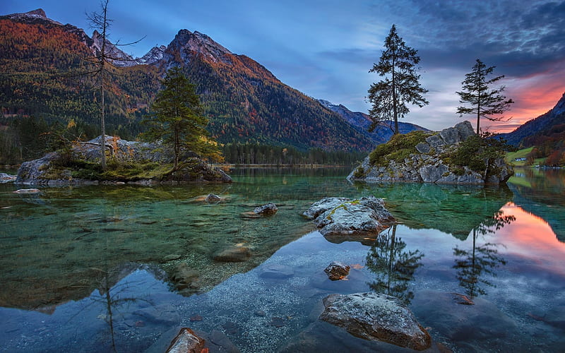mountain lake, sunset, forest, mountain, Hintersee, Bavaria, Germany, HD wallpaper